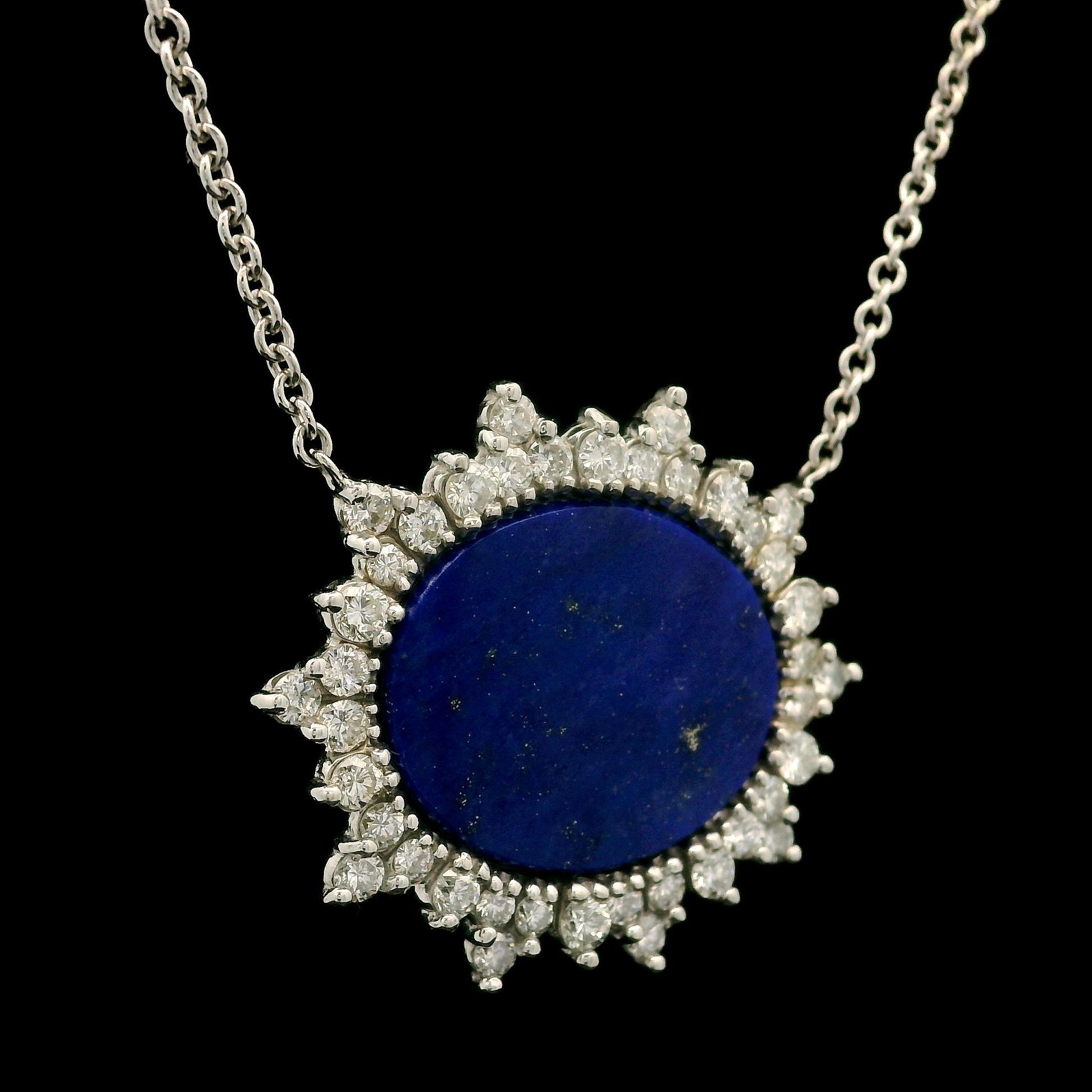 --Stone(s):--
(40) Natural Genuine Diamond - Round Brilliant Cut - Prong Set - Nice White Fiery - G-I Color - VS2-SI2 Clarity - 1.20ctw (approx.)
(1) Natural Genuine Lapis - Custom Cut, Oval Shape - Bezel Set - Rich Royal Blue Color - 18.6x15.3mm