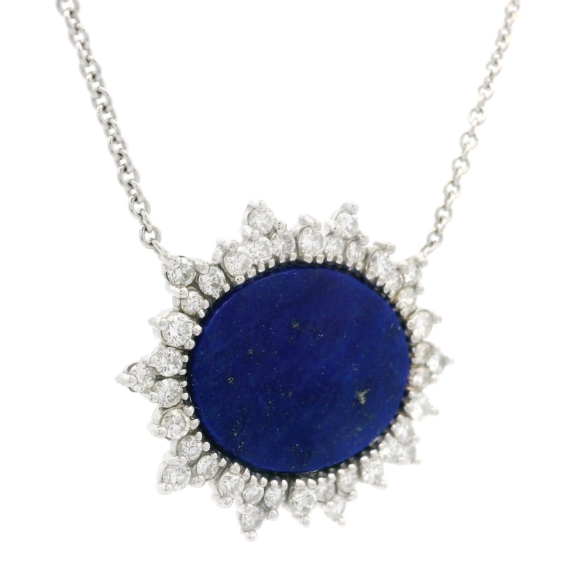 Vintage White Gold Oval Lapis 1.20ctw Diamond Spray Halo Pendant 20.5