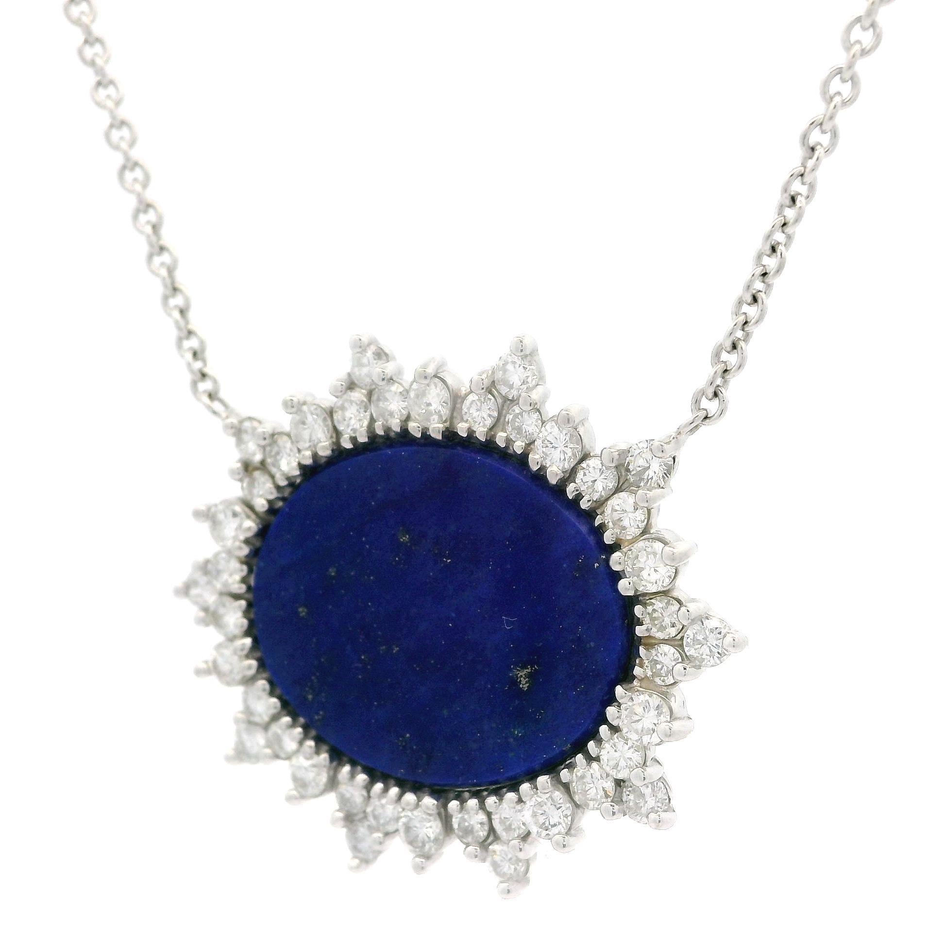 Women's Vintage White Gold Oval Lapis 1.20ctw Diamond Spray Halo Pendant 20.5