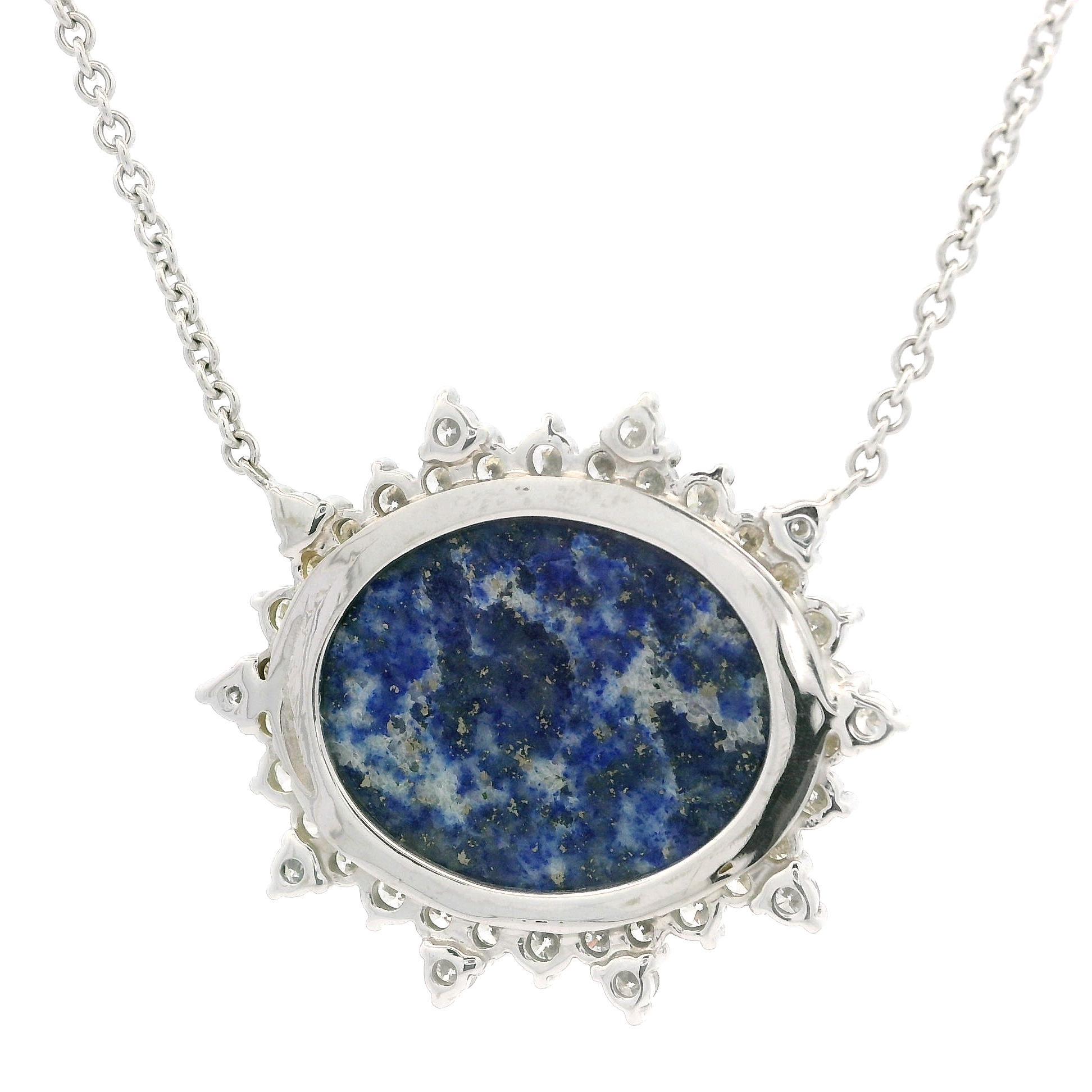 Vintage White Gold Oval Lapis 1.20ctw Diamond Spray Halo Pendant 20.5