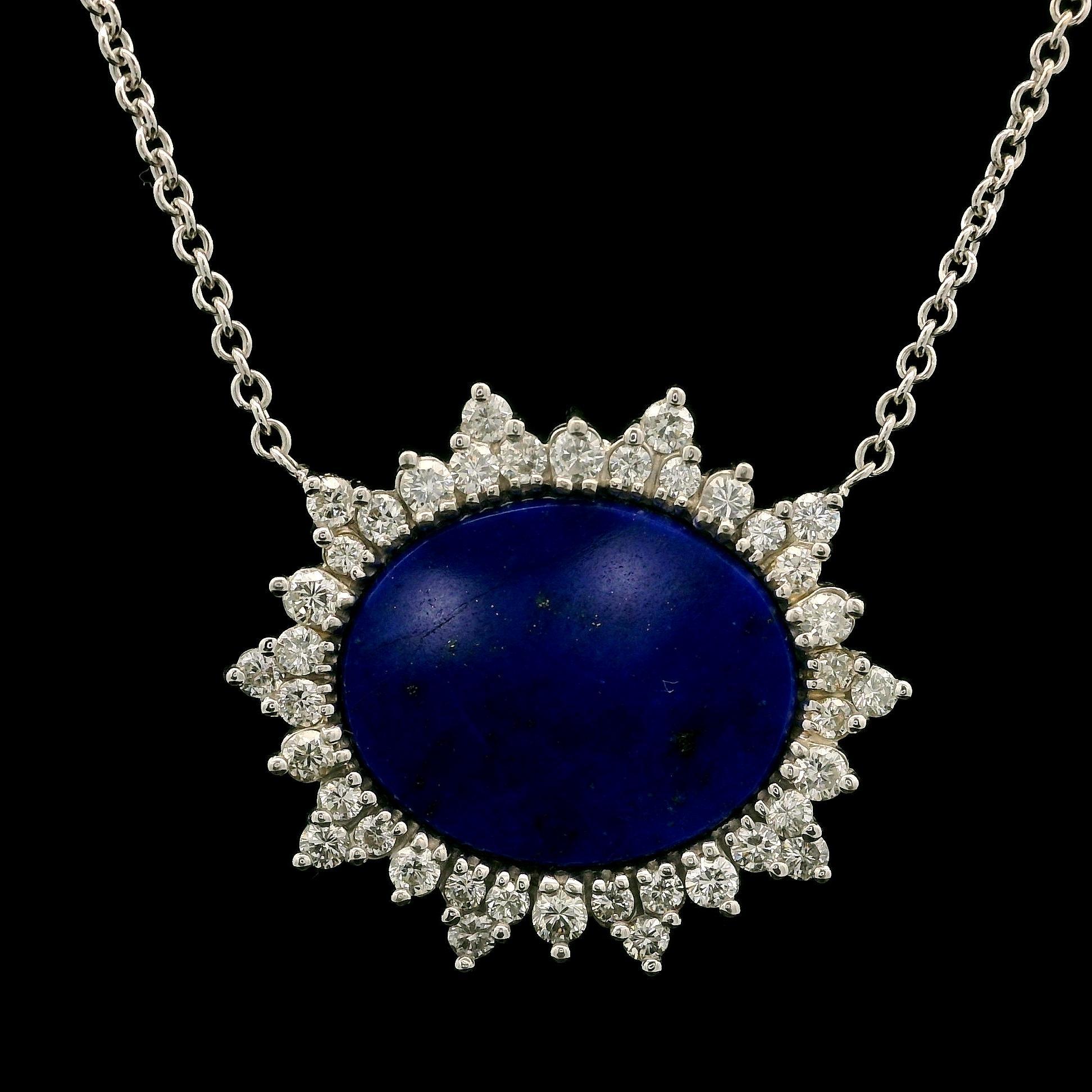 Vintage White Gold Oval Lapis 1.20ctw Diamond Spray Halo Pendant 20.5