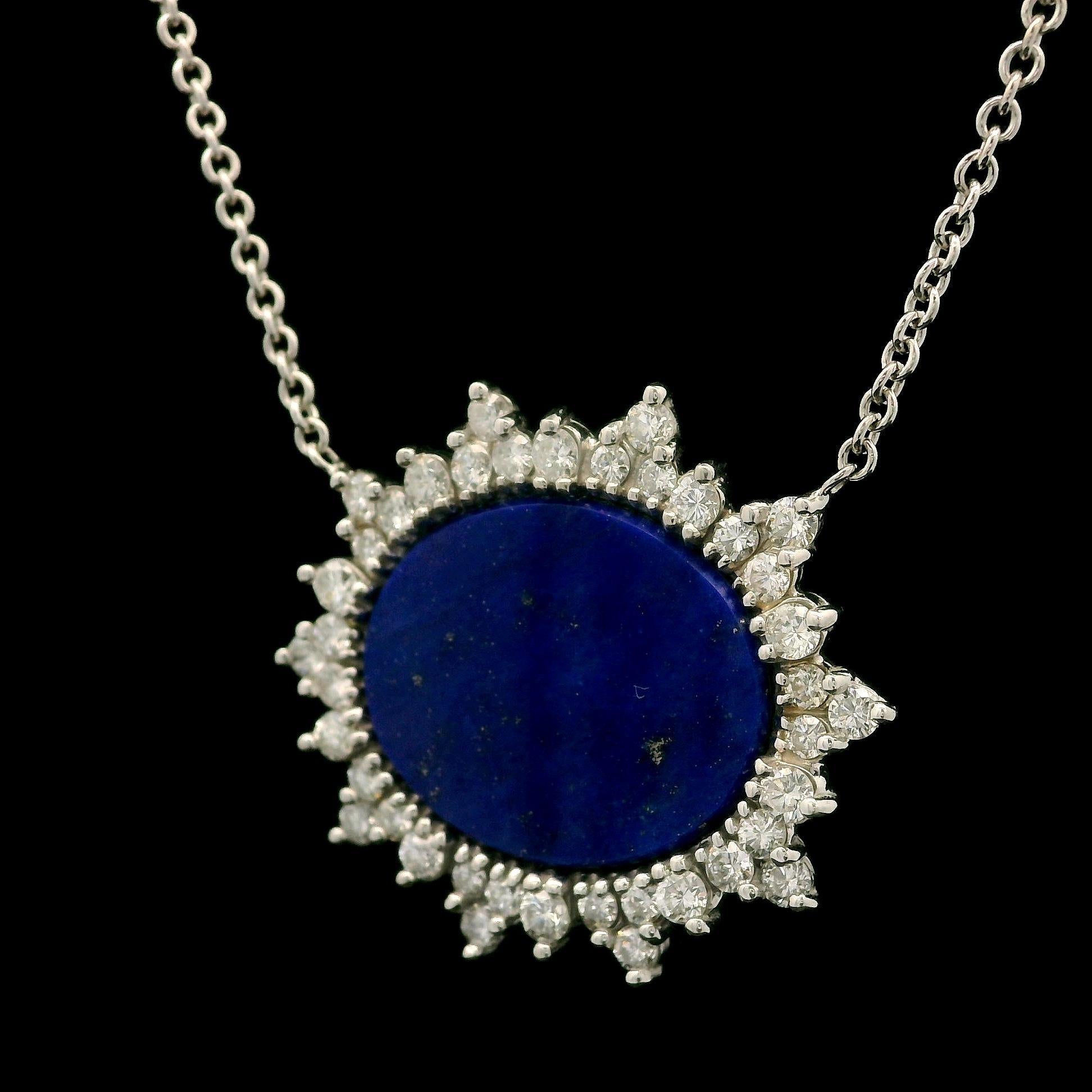 Vintage White Gold Oval Lapis 1.20ctw Diamond Spray Halo Pendant 20.5