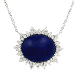 Vintage White Gold Oval Lapis 1.20ctw Diamond Spray Halo Pendant 20.5" Necklace