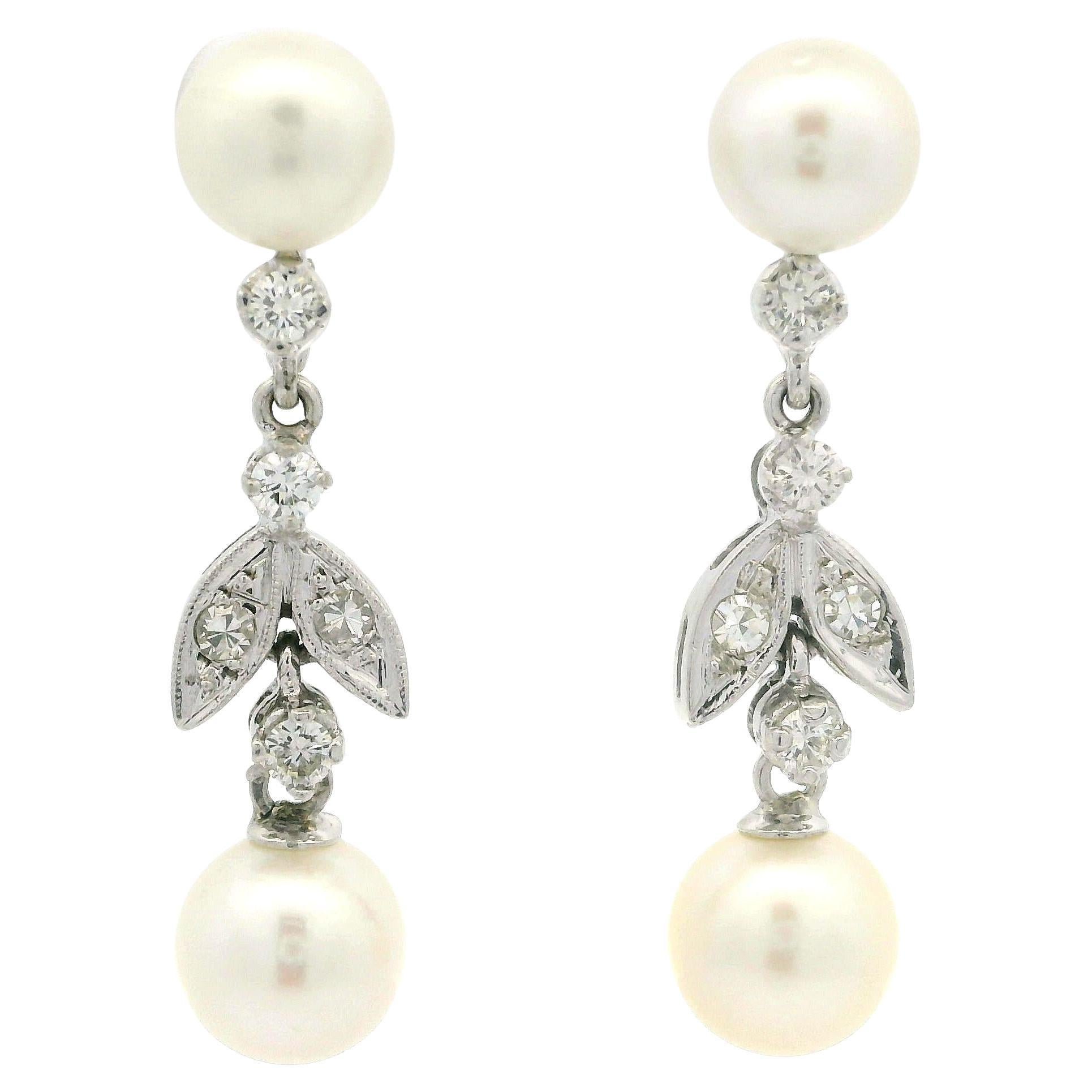 Vintage White Gold Pearl & .38ctw Diamond Tulip Flower Leaf Drop Dangle Earrings