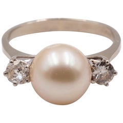 Vintage White Gold, Pearl and 0.4 Carat Diamond Ring, 1950s