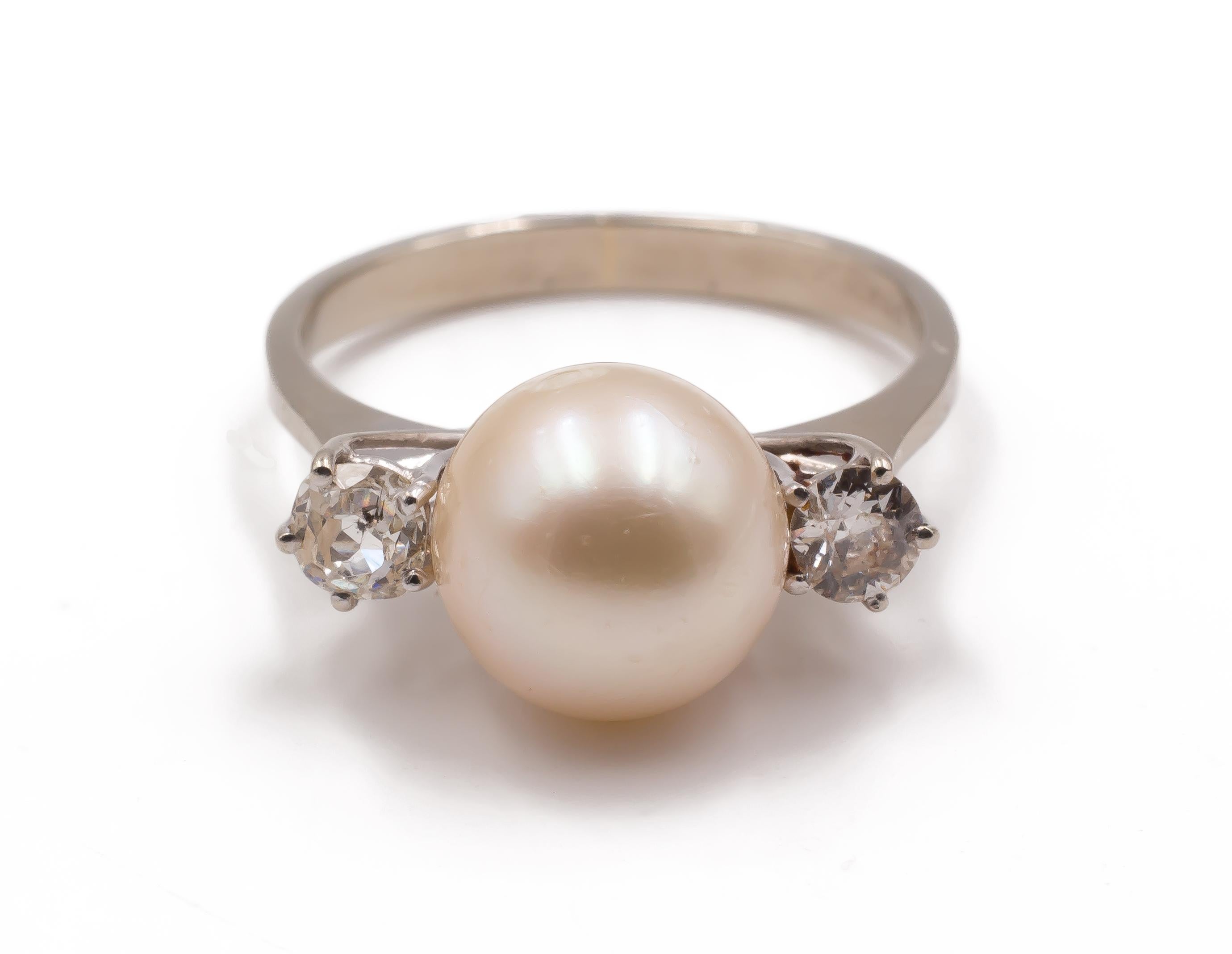 Women's Vintage White Gold, Pearl and 0.4 Carat Diamond Ring, 1950s
