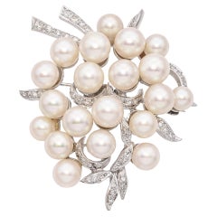 Broche vintage de oro blanco con perlas y diamantes