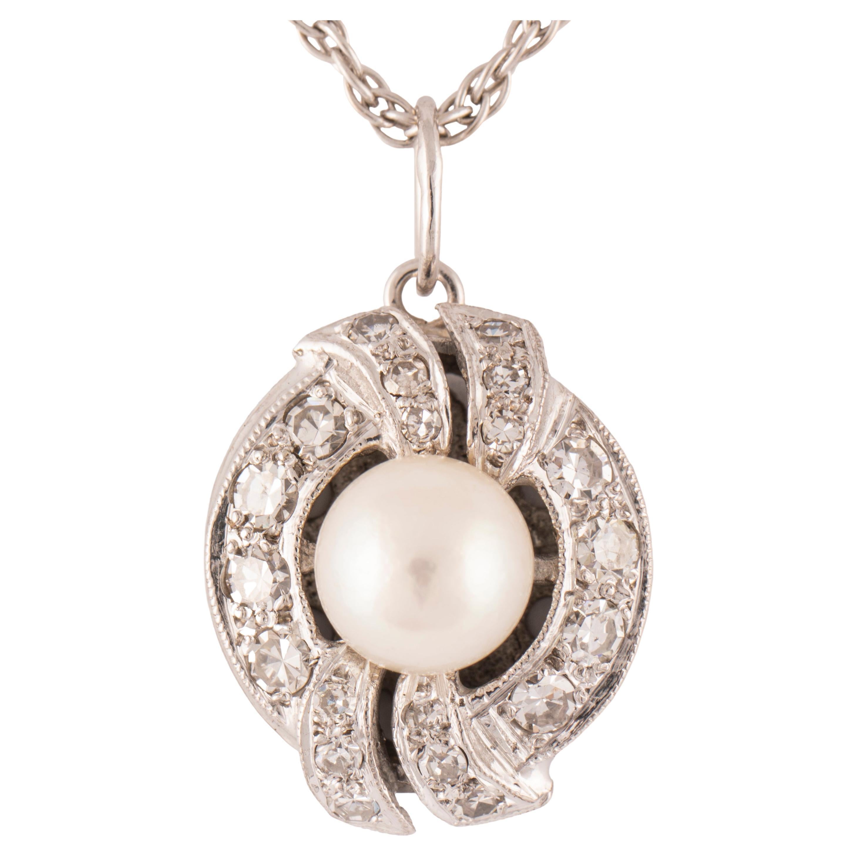 Vintage White Gold Pearl Diamond Pendant, Circa 1970 For Sale