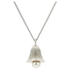Vintage White Gold Pearl Textured Bell Charm Pendant 14.5" Chain Necklace