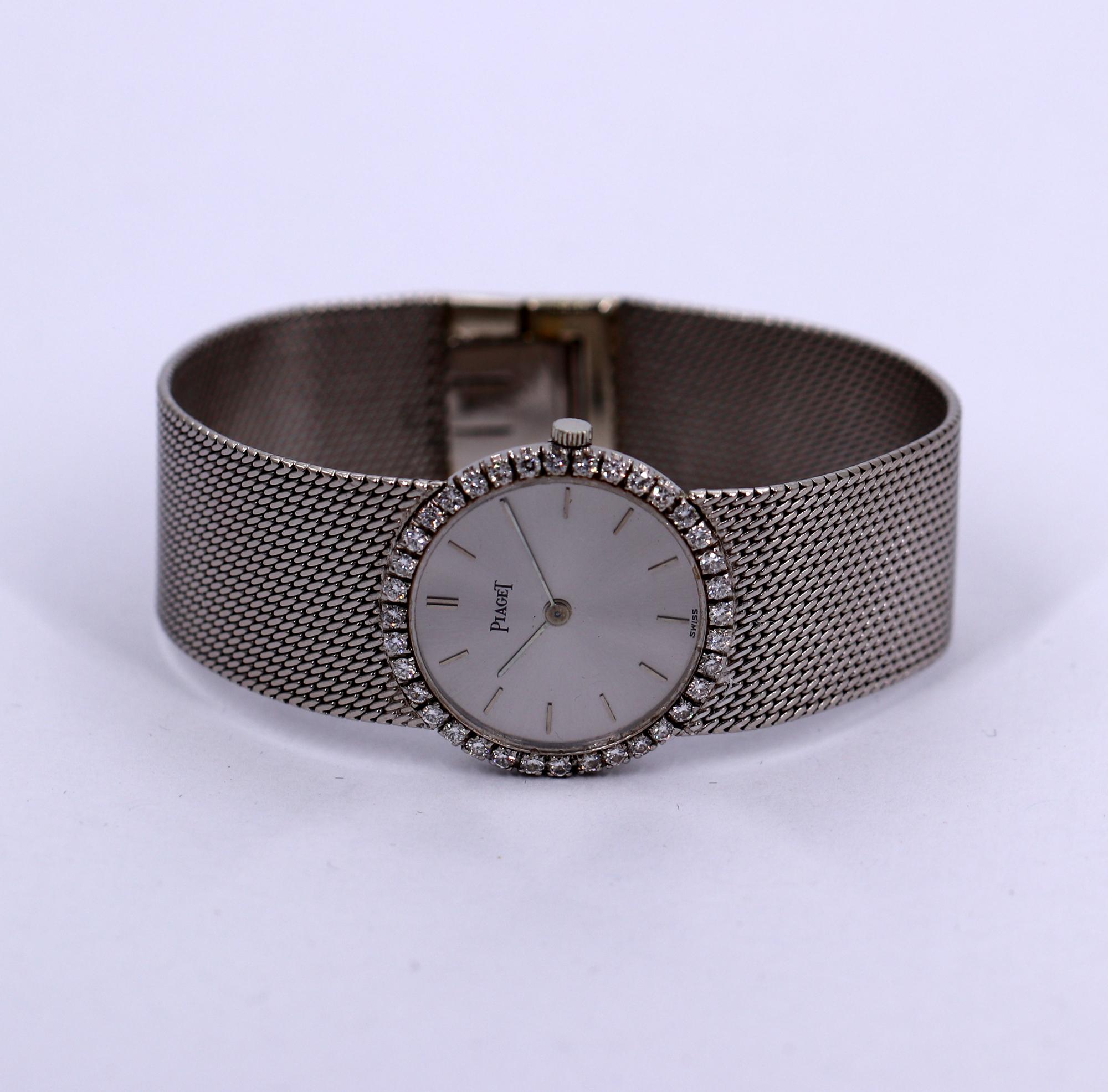 Women's Vintage White Gold Piaget with Mesh Band Silver Dial and Diamond Bezel