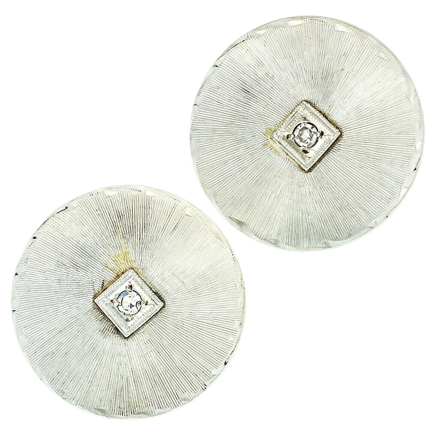 Vintage White Gold Round Circular Disk Diamond Button Florentine Earrings For Sale