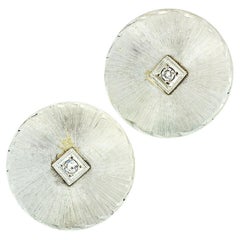 Vintage White Gold Round Circular Disk Diamond Button Florentine Earrings