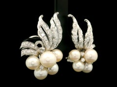 Vintage White Gold Round Pearl & 1.35ctw Diamond Cluster Flower Clip On Earrings