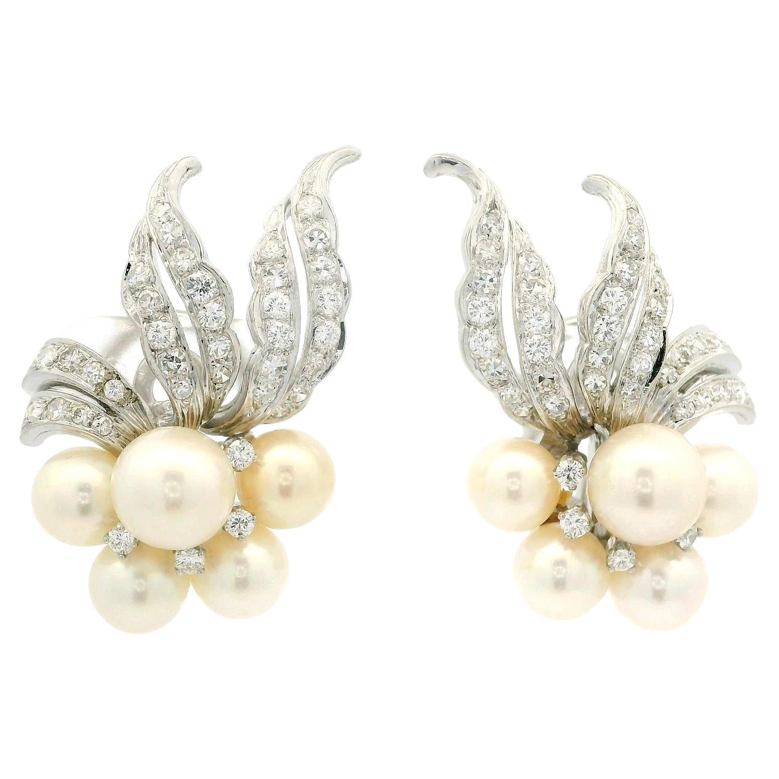 Vintage White Gold Round Pearl & 1.35ctw Diamond Cluster Flower Clip On Earrings