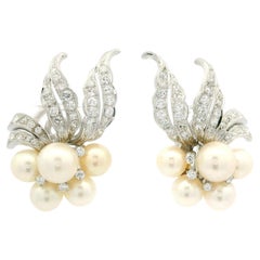 Vintage White Gold Round Pearl & 1.35ctw Diamond Cluster Flower Clip On Earrings