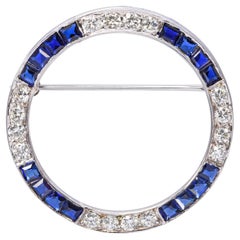 Vintage White Gold Sapphire and Diamond Circle Brooch