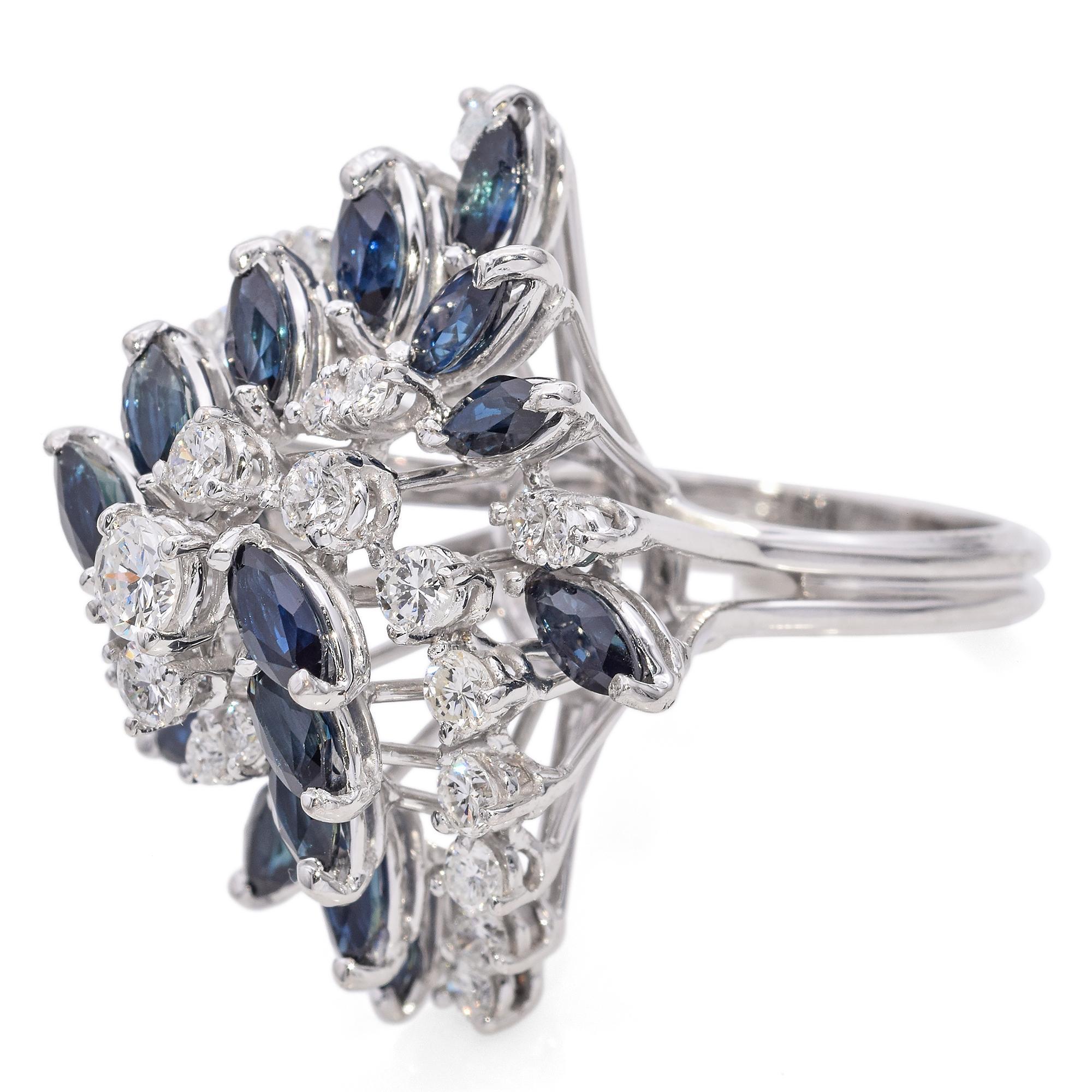 Marquise Cut Vintage White Gold Sapphire and Diamond Cluster Ring