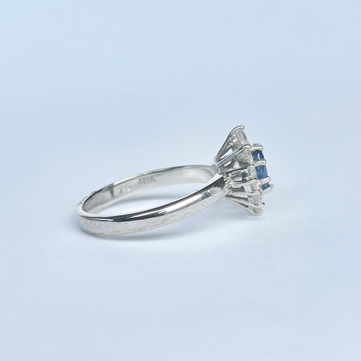 Vintage White Gold Sapphire and Diamond Cluster Ring For Sale 1
