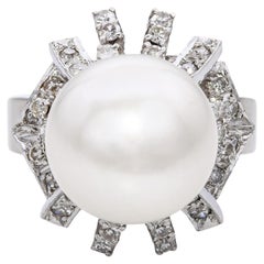 Vintage White Gold Silver Alloy Pearl and Diamond Ring