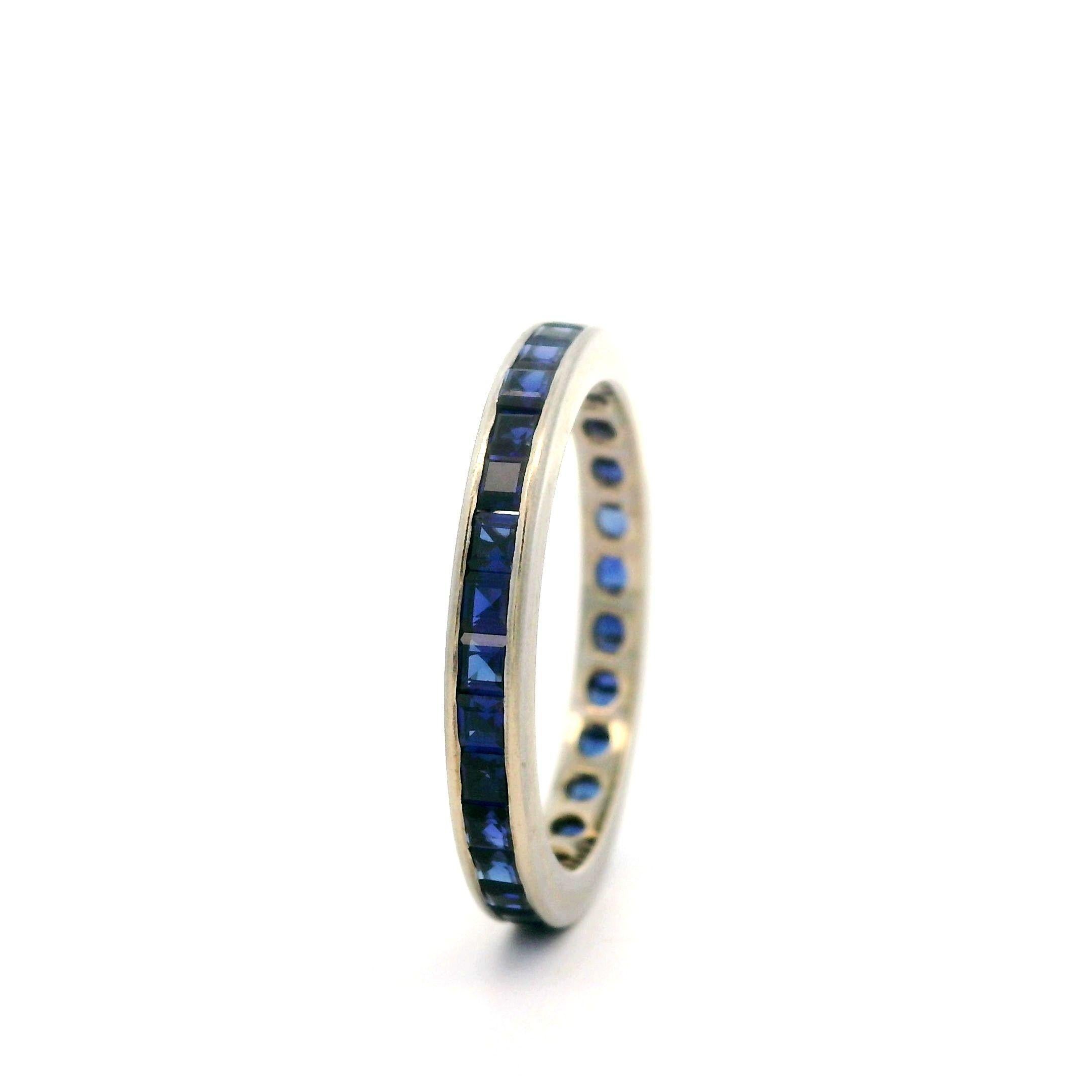 Women's Vintage White Gold Square Cut Channel Set Sapphire Stackable Band Ring For Sale