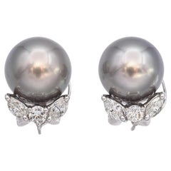 Vintage White Gold Tahitian Pearl and 0.64 TCW HI-SI Diamond Stud Earrings