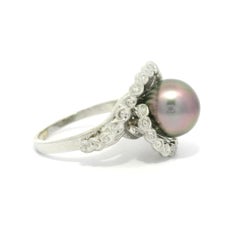 Vintage White Gold Tahitian Pearl w/ White Diamond Spray Swirl Cocktail Ring