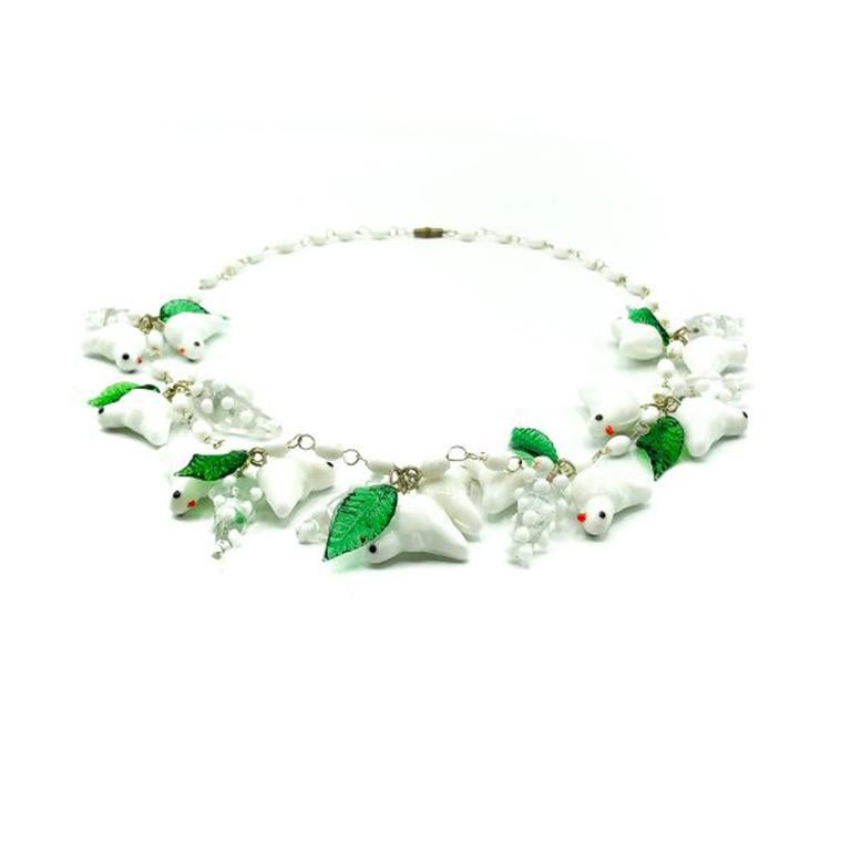 Vintage White and Green Glass Bird Necklace 1980s at 1stDibs