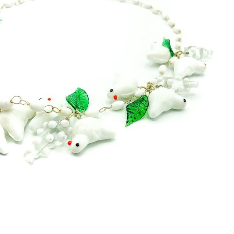 Vintage White & Green Glass Bird Necklace 1980s In Good Condition In Wilmslow, GB