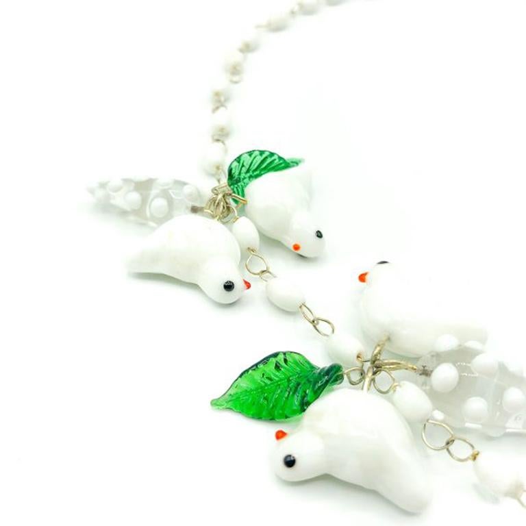 Women's Vintage White & Green Glass Bird Necklace 1980s