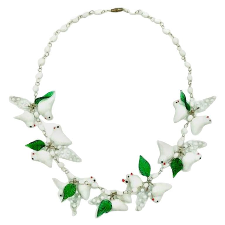 Vintage White & Green Glass Bird Necklace 1980s