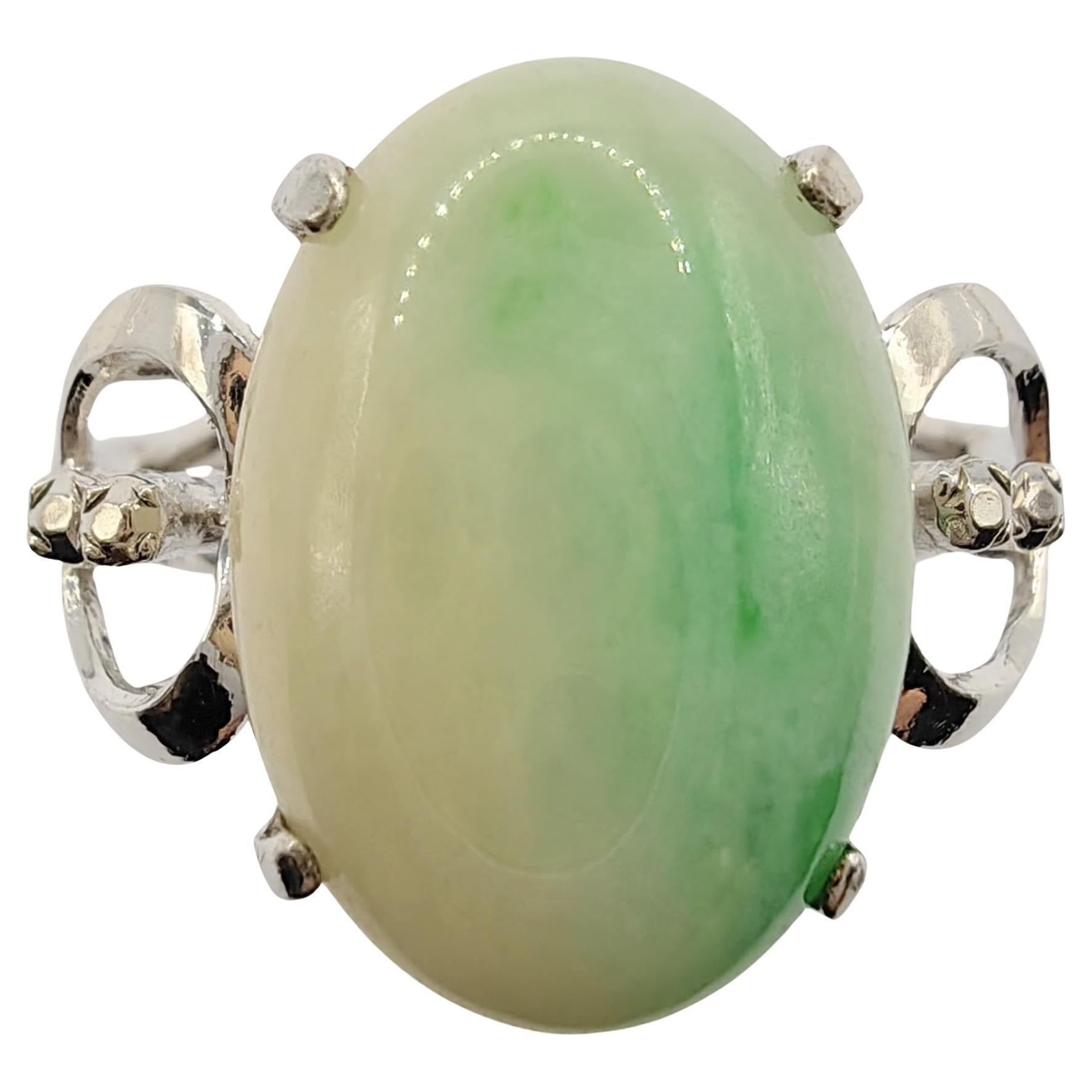 Vintage Solitaire White & Green Jade Ring in White Gold For Sale