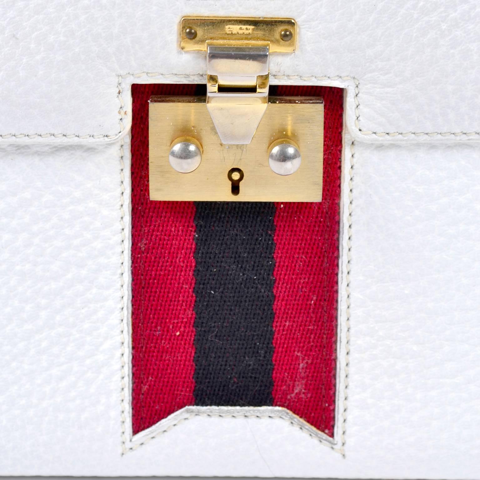 Vintage White Gucci Handbag Satchel in Leather With Stripes & Key Lock 2