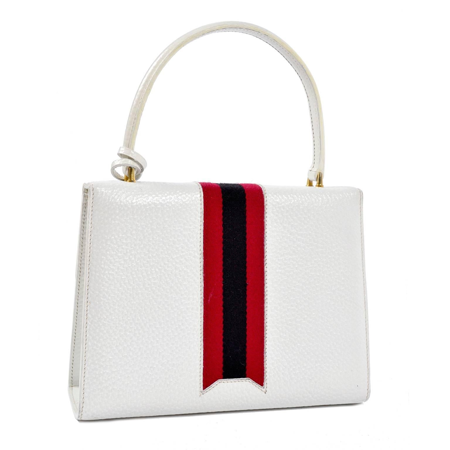 Vintage White Gucci Handbag Satchel in Leather With Stripes & Key Lock 4