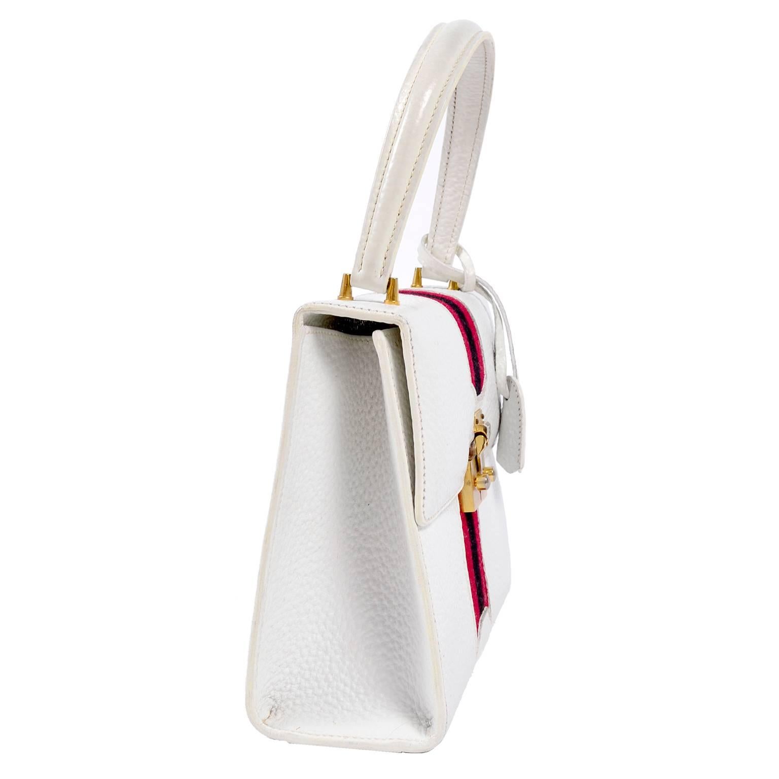 Vintage White Gucci Handbag Satchel in Leather With Stripes & Key Lock 6