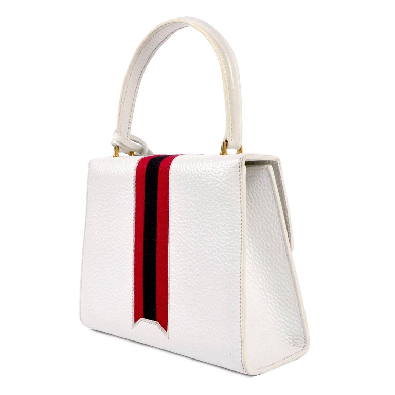 Vintage White Gucci Handbag Satchel in Leather With Stripes and Key Lock at 1stdibs