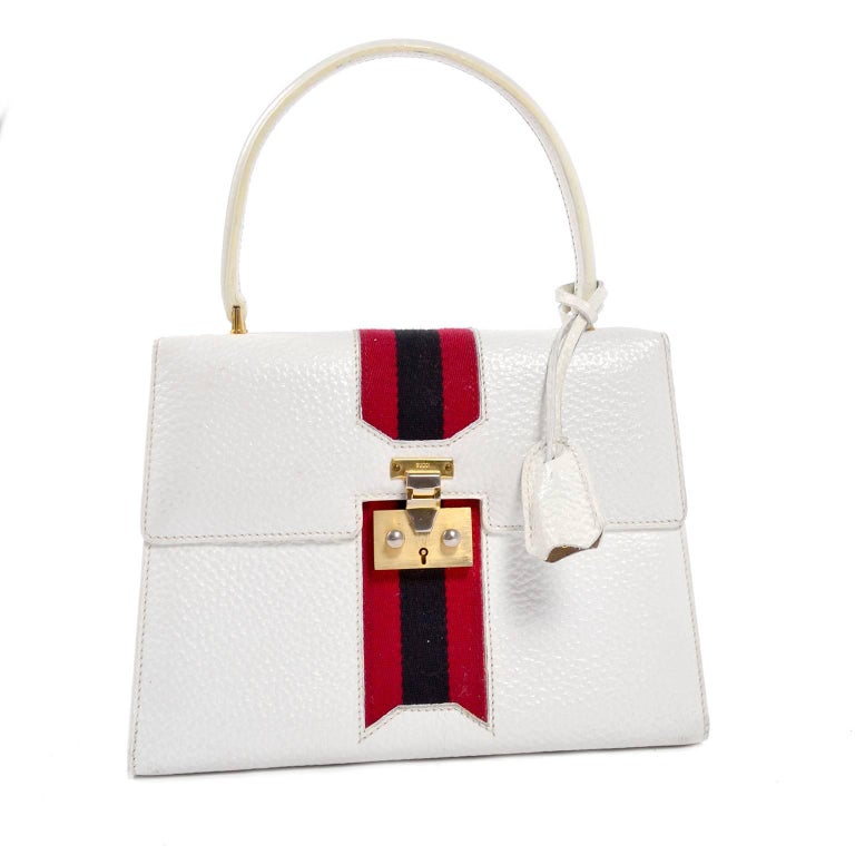 Vintage White Gucci Handbag Satchel in Leather With Stripes and Key ...