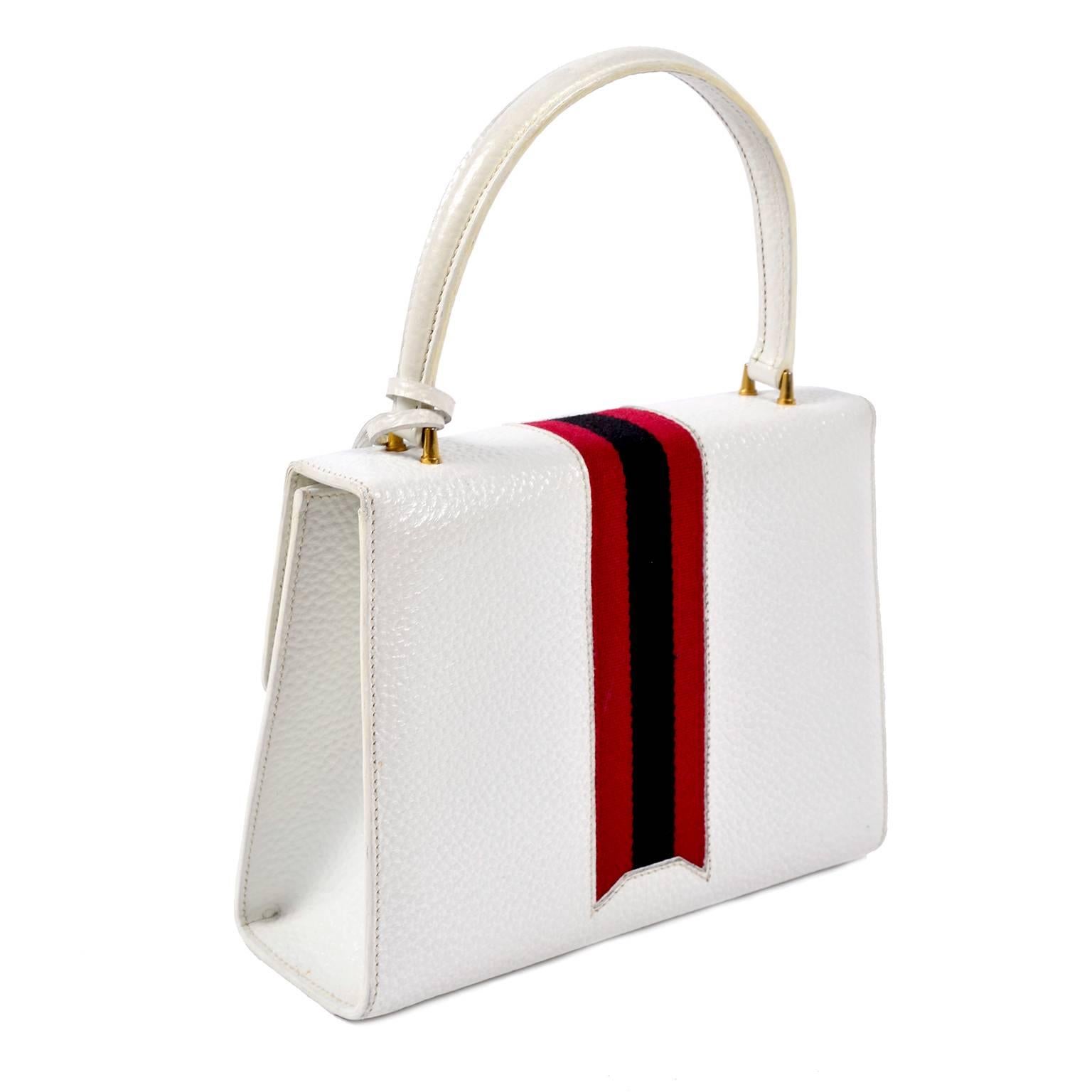 Women's Vintage White Gucci Handbag Satchel in Leather With Stripes & Key Lock