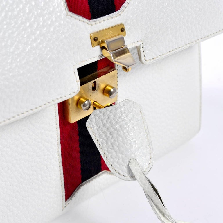 Vintage White Gucci Handbag Satchel in Leather With Stripes and Key Lock at 1stdibs