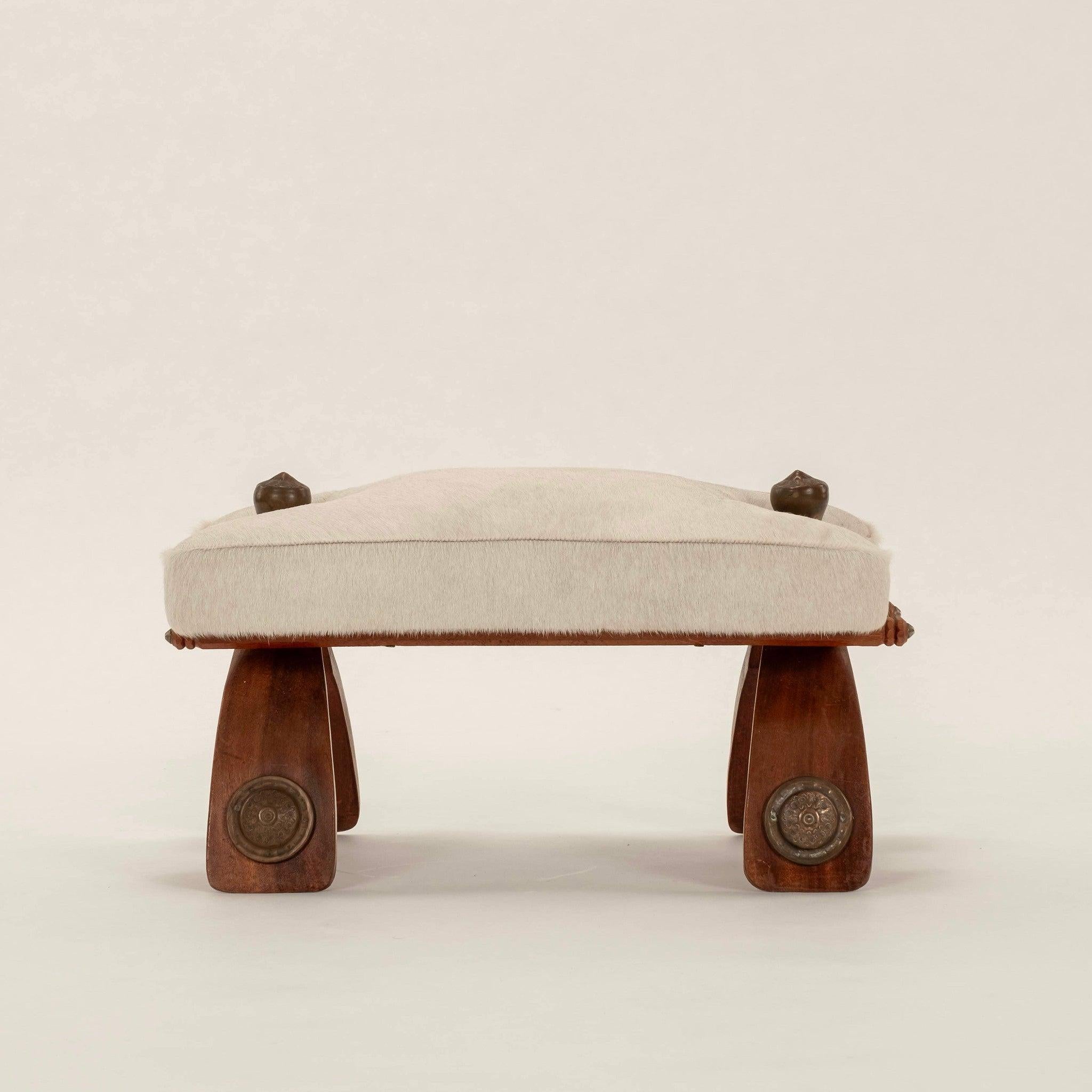 Egyptian Vintage White Hair Hide Camel Saddle Stool