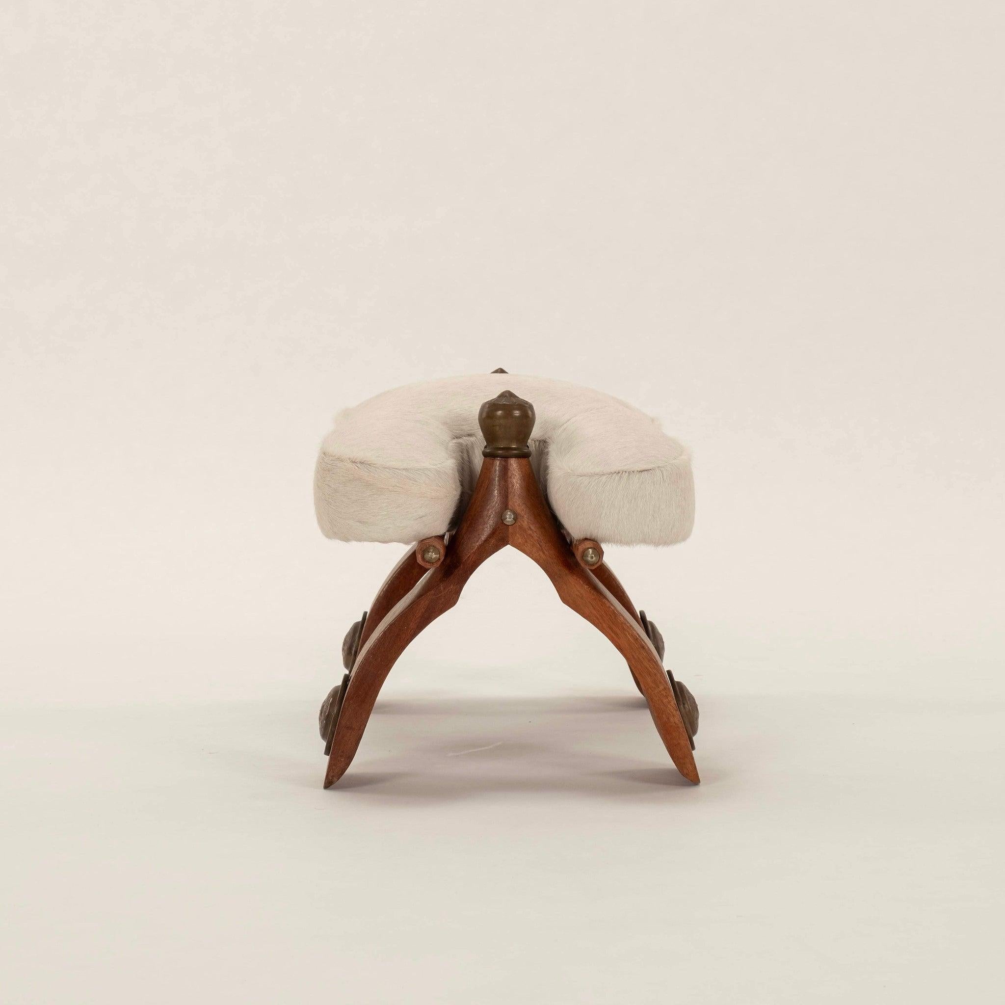Vintage White Hair Hide Camel Saddle Stool In Good Condition In Houston, TX
