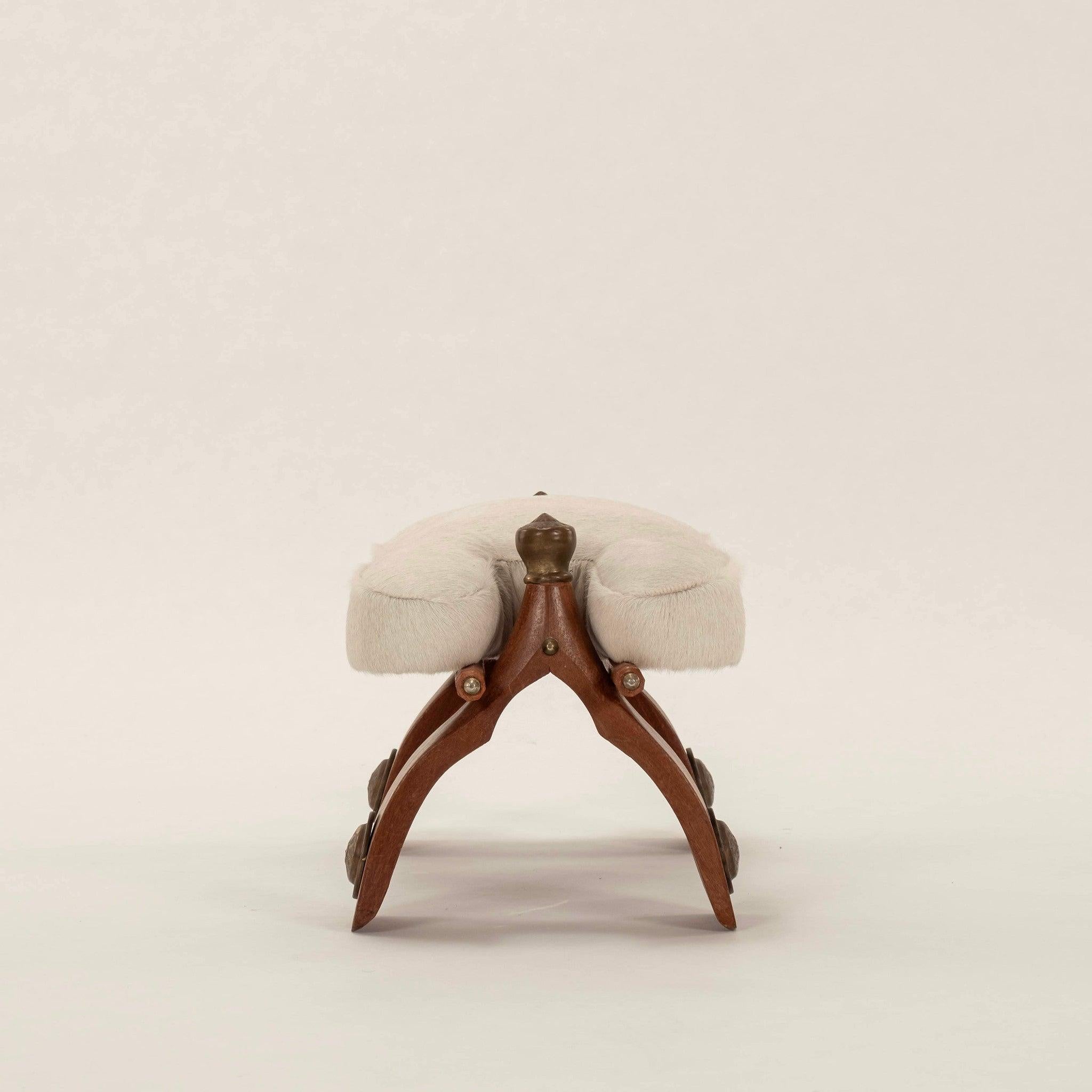 20th Century Vintage White Hair Hide Camel Saddle Stool