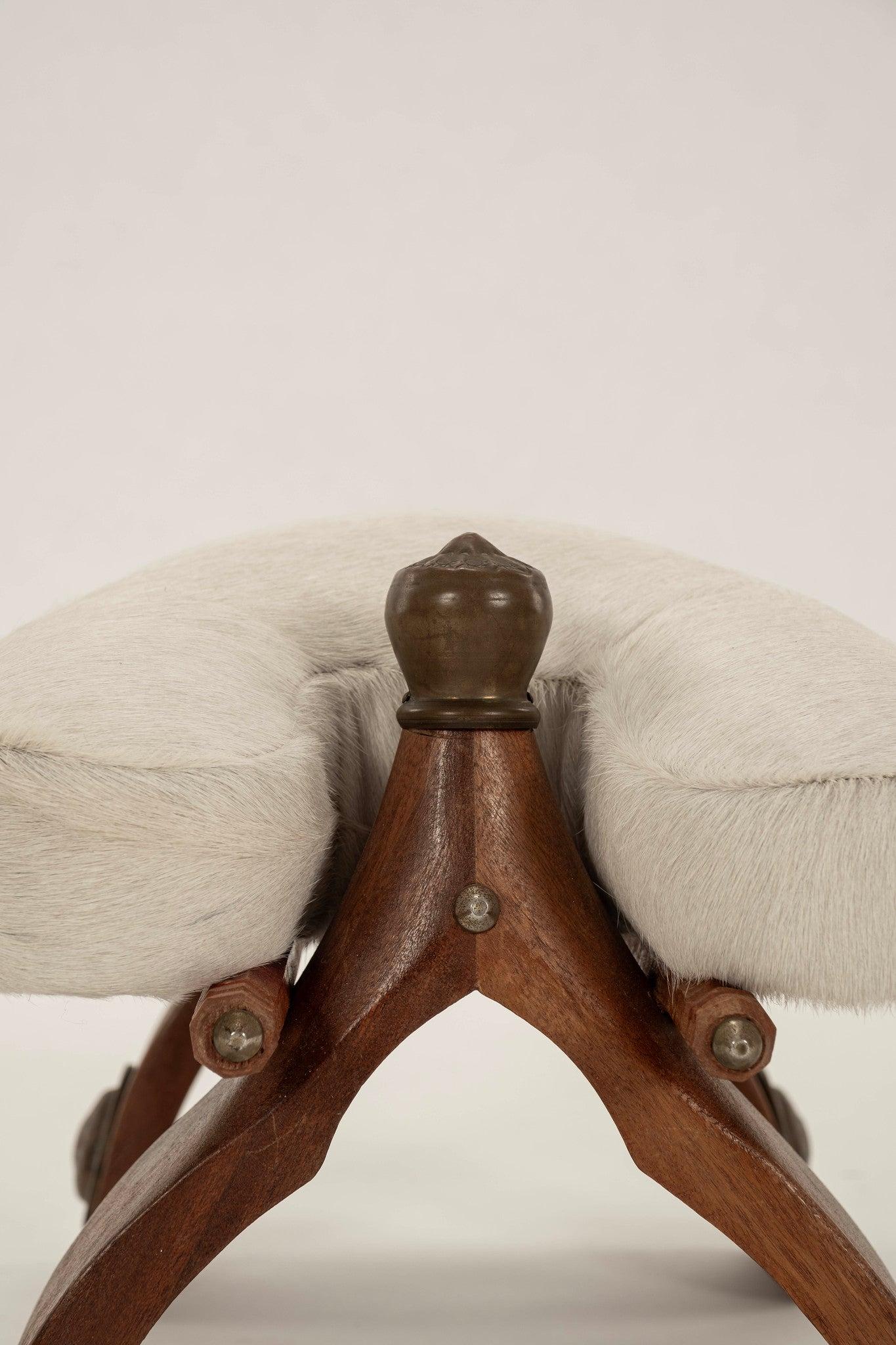 Brass Vintage White Hair Hide Camel Saddle Stool