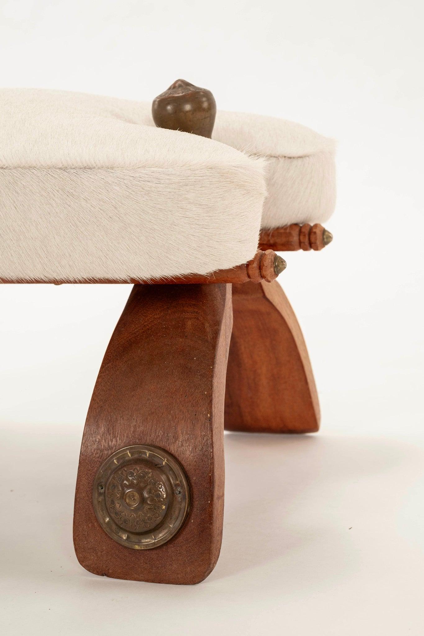 Vintage White Hair Hide Camel Saddle Stool 2