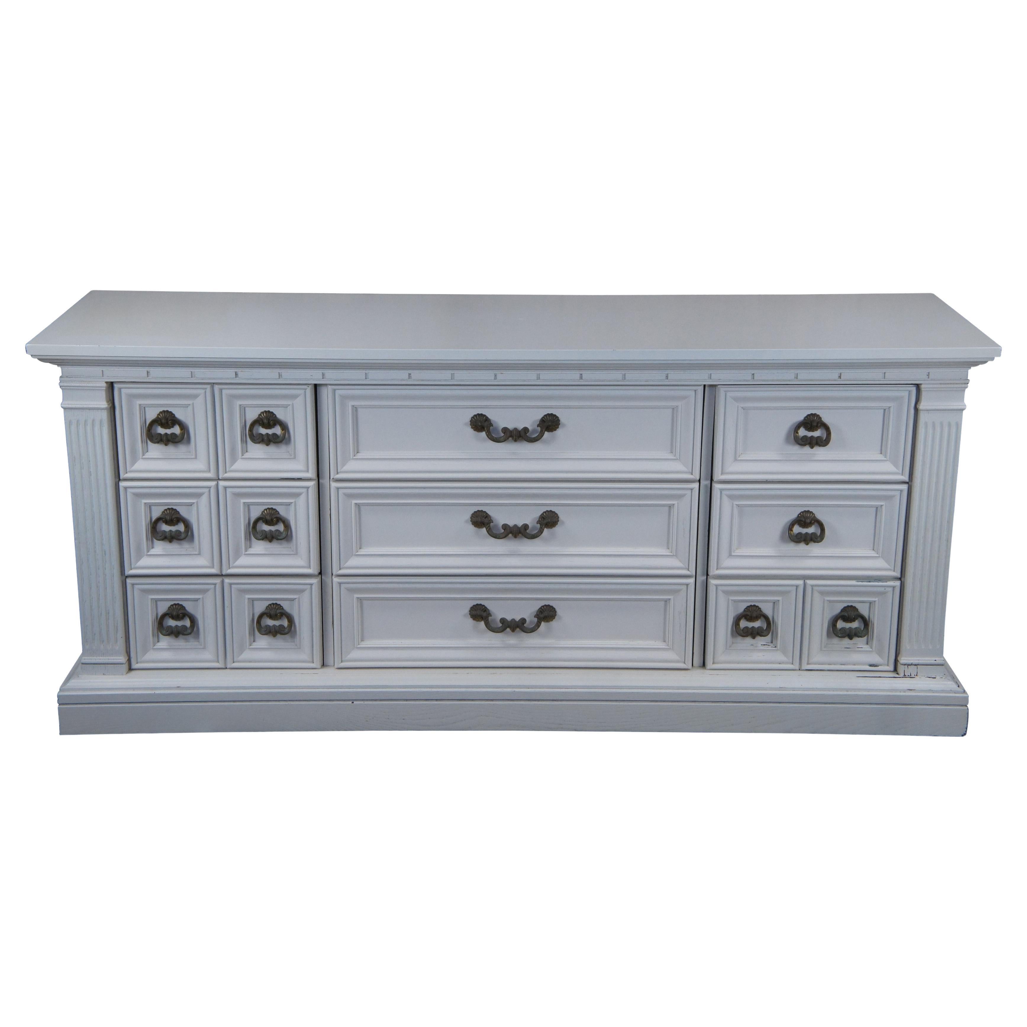 Vintage White Italian Mediterranean Painted Oak Triple Dresser Boho Chic For Sale