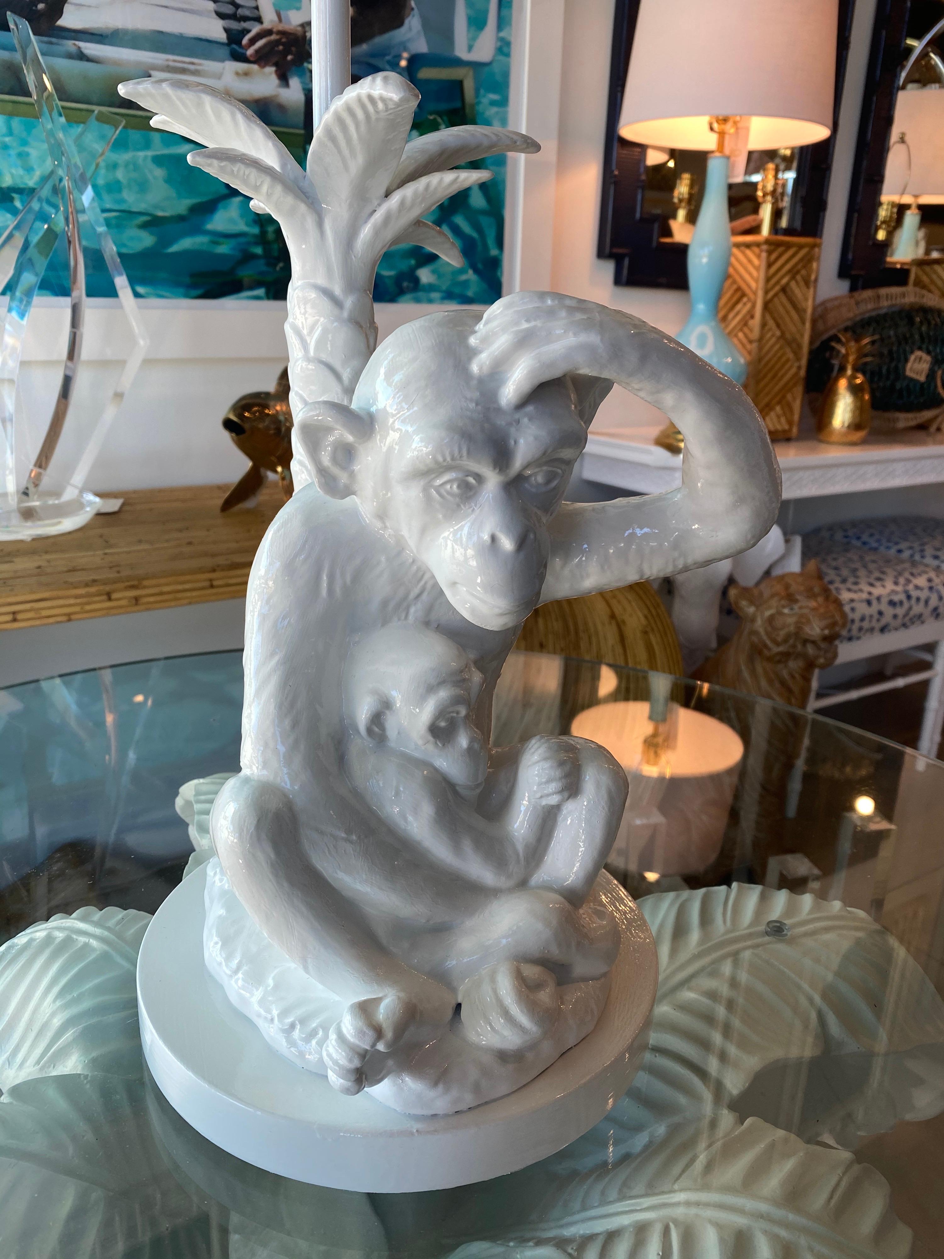 Vintage White Italian Monkey Table Lamp Palm Frond Newly Wired Brass Hardware 6