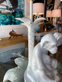 Vintage White Italian Monkey Table Lamp Palm Frond Newly Wired Brass Hardware