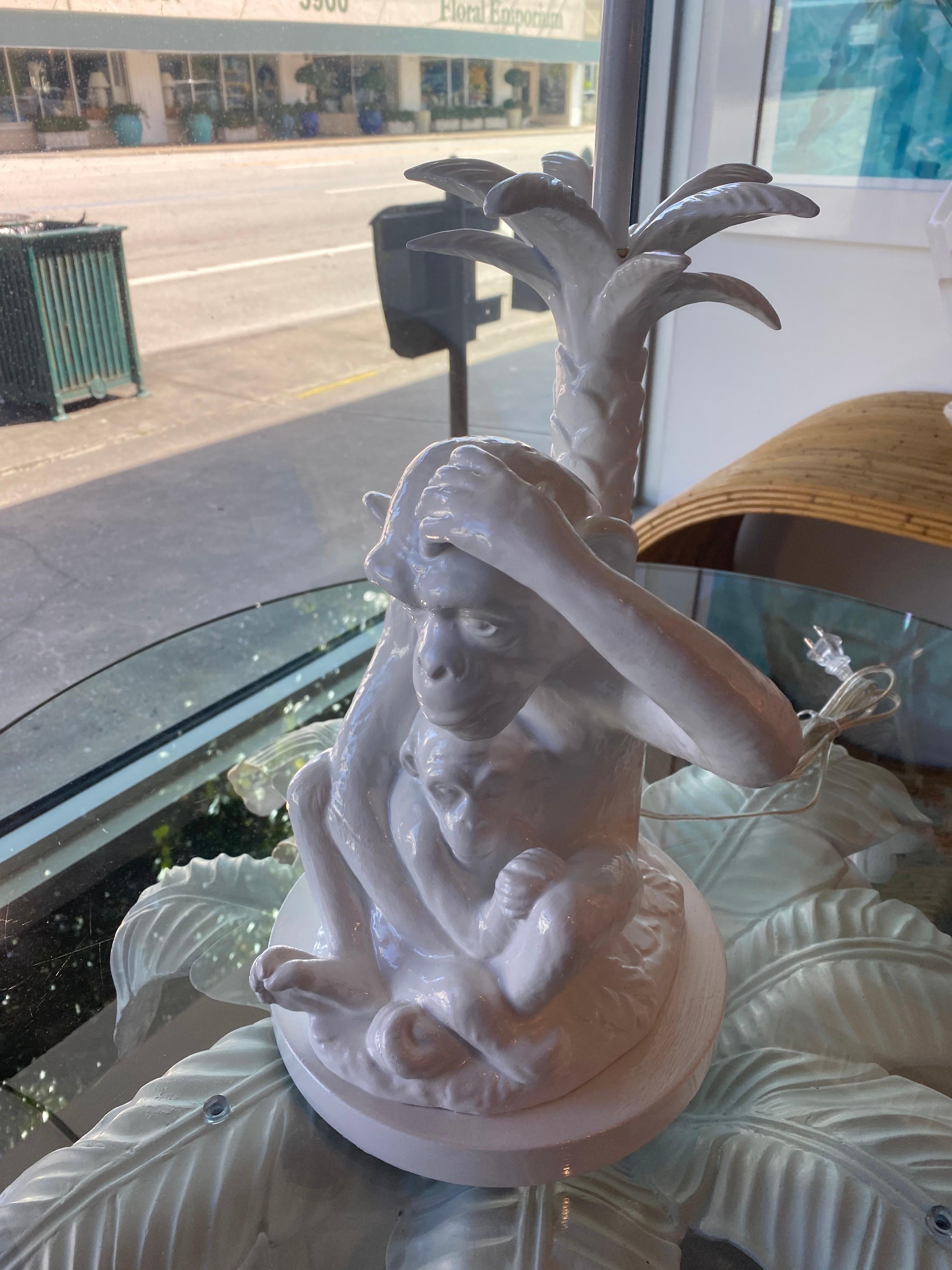 Vintage White Italian Monkey Table Lamp Palm Frond Newly Wired Brass Hardware 1