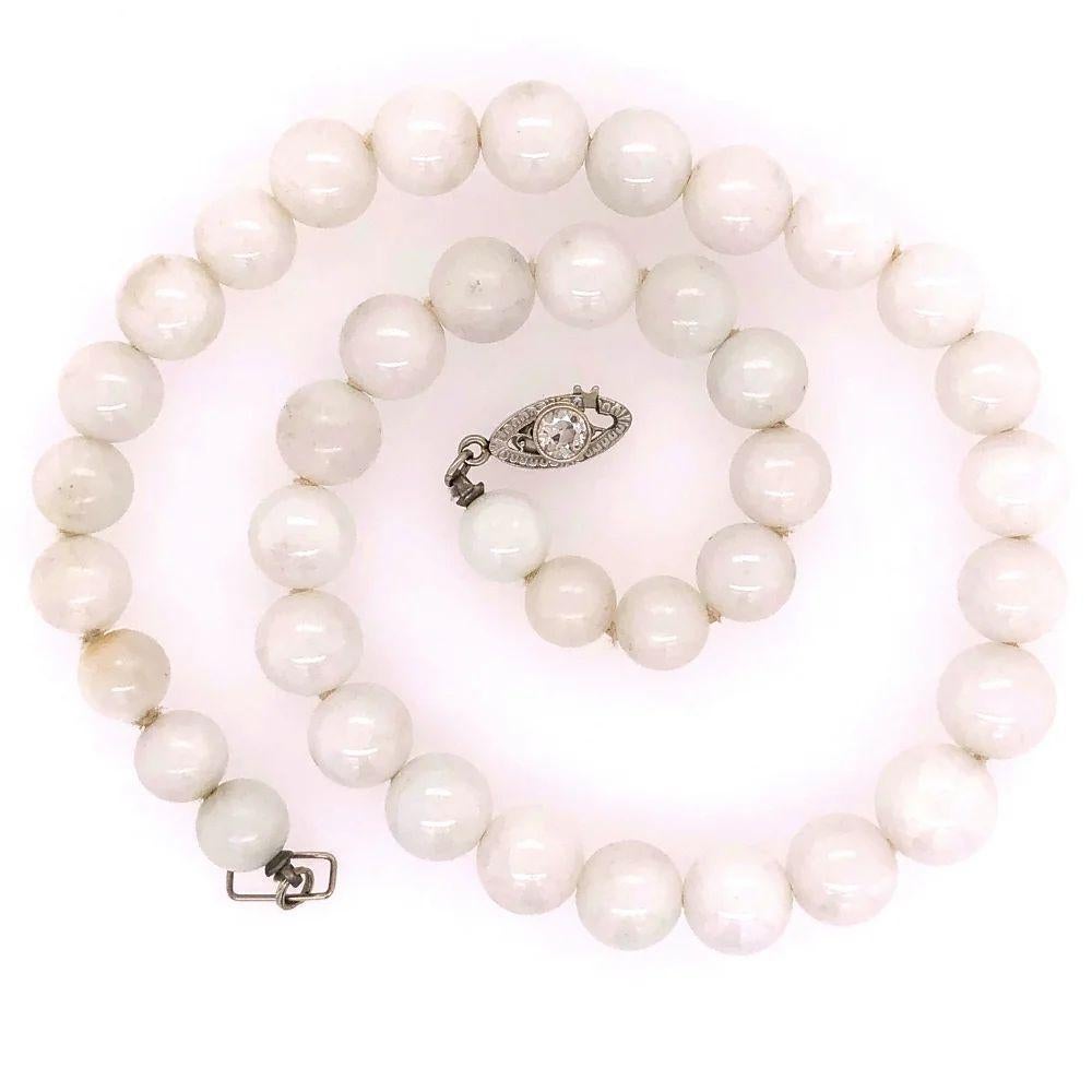 Modern Vintage White Jade GIA Bead and Diamond Clasp Gold Necklace For Sale