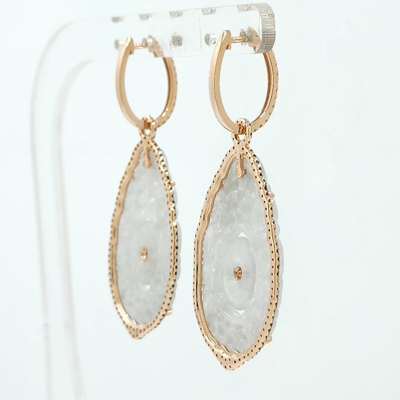 Vintage White Jadeite Diamond Drop Earring in 18K Rose Gold In New Condition For Sale In Hong Kong, HK