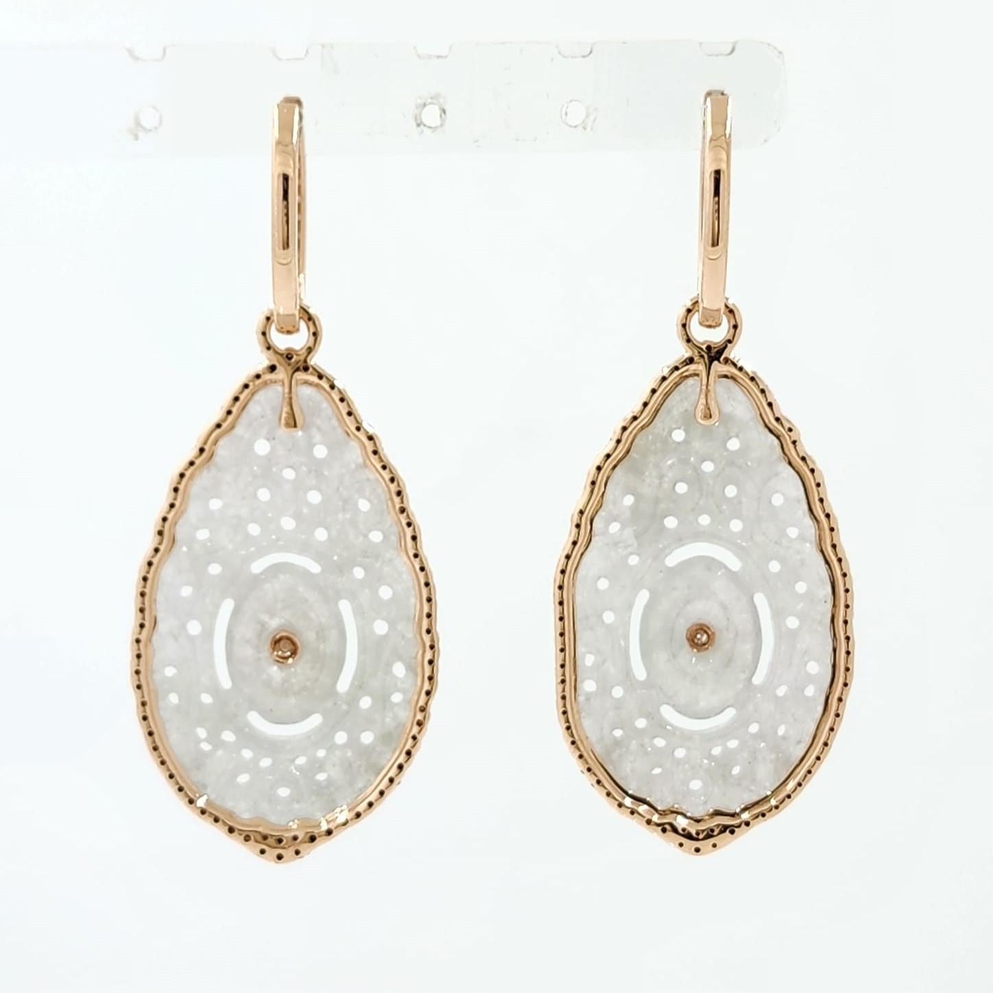 Pendants d'oreilles vintage en or rose 18 carats et diamants en jadéite blanche Pour femmes en vente